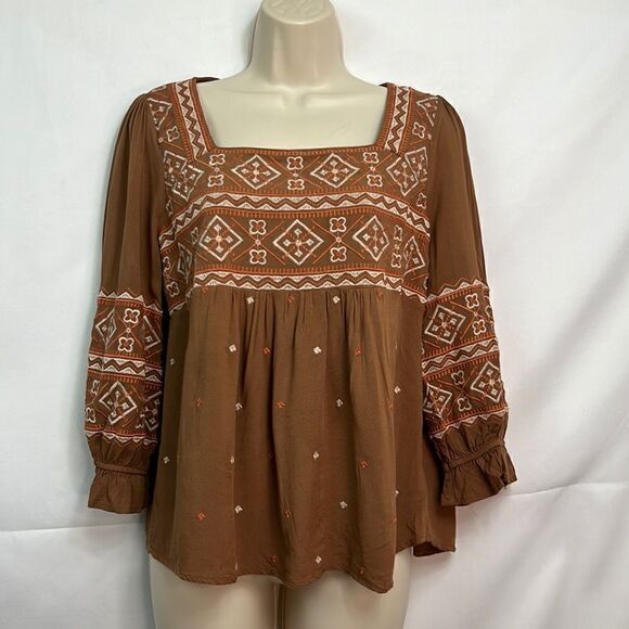 Savanna Jane Embroidered babydoll top in brown Size Small EUC - Picture 1 of 10